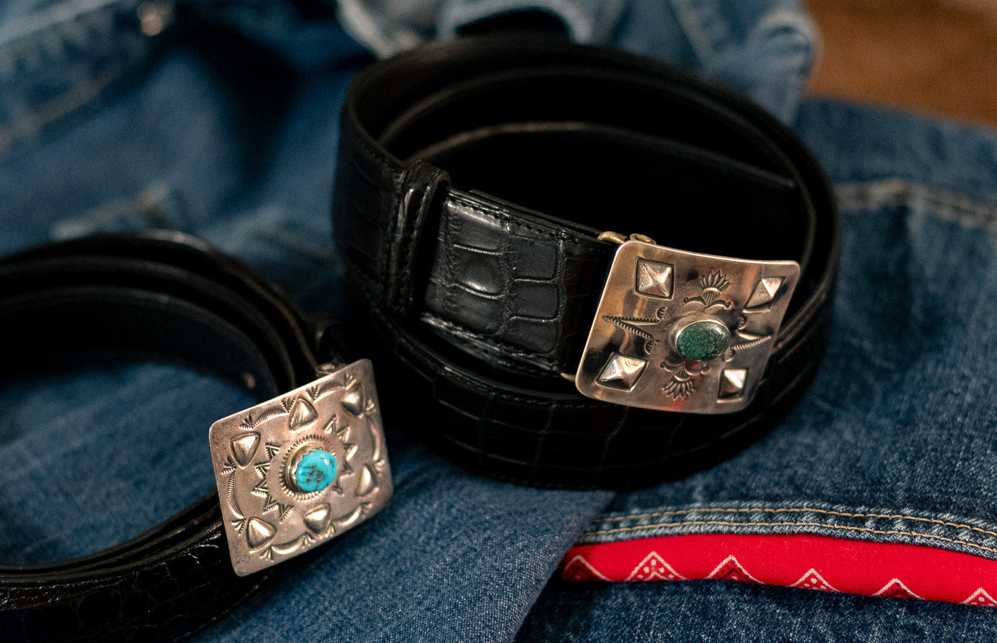 Turquoise and silver handmade Native American south wester American Oppenheimer inspired belt buckle for one inch or one and a quarter inch belts. Alligator skin belt. Photographed on Bryceland's and Co. Denim 133 jeans
