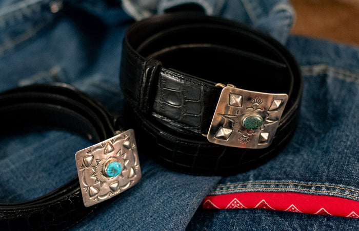 Turquoise and silver handmade Native American south wester American Oppenheimer inspired belt buckle for one inch or one and a quarter inch belts. Alligator skin belt. Photographed on Bryceland's and Co. Denim 133 jeans 